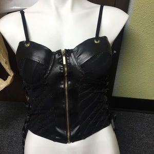Black/Gold Leather Zip Up Corset